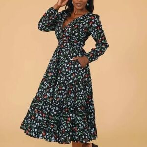 B. Yellowtail Floral Black Midi Dress Size Large